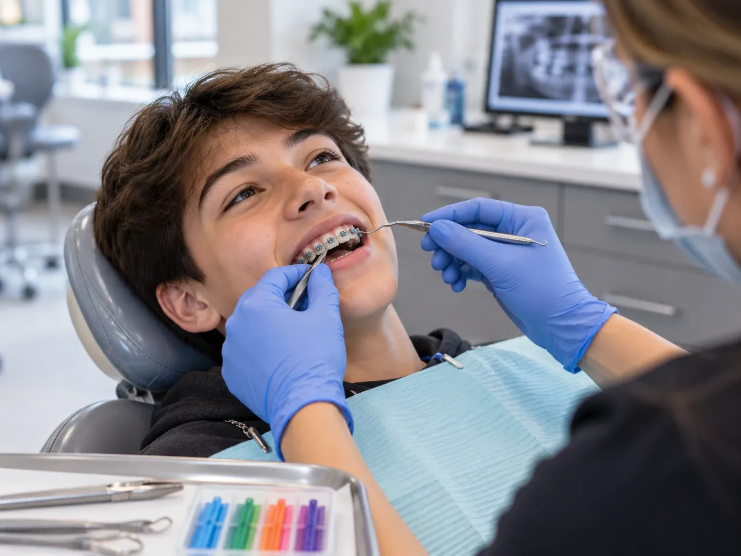 Teen having a routine braces adjustment and archwire change.