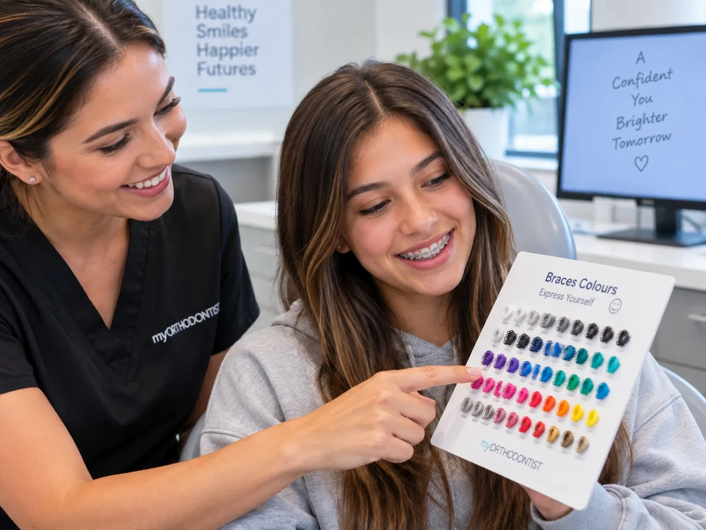 Teen choosing coloured elastomeric ties for metal braces with an orthodontic team member.