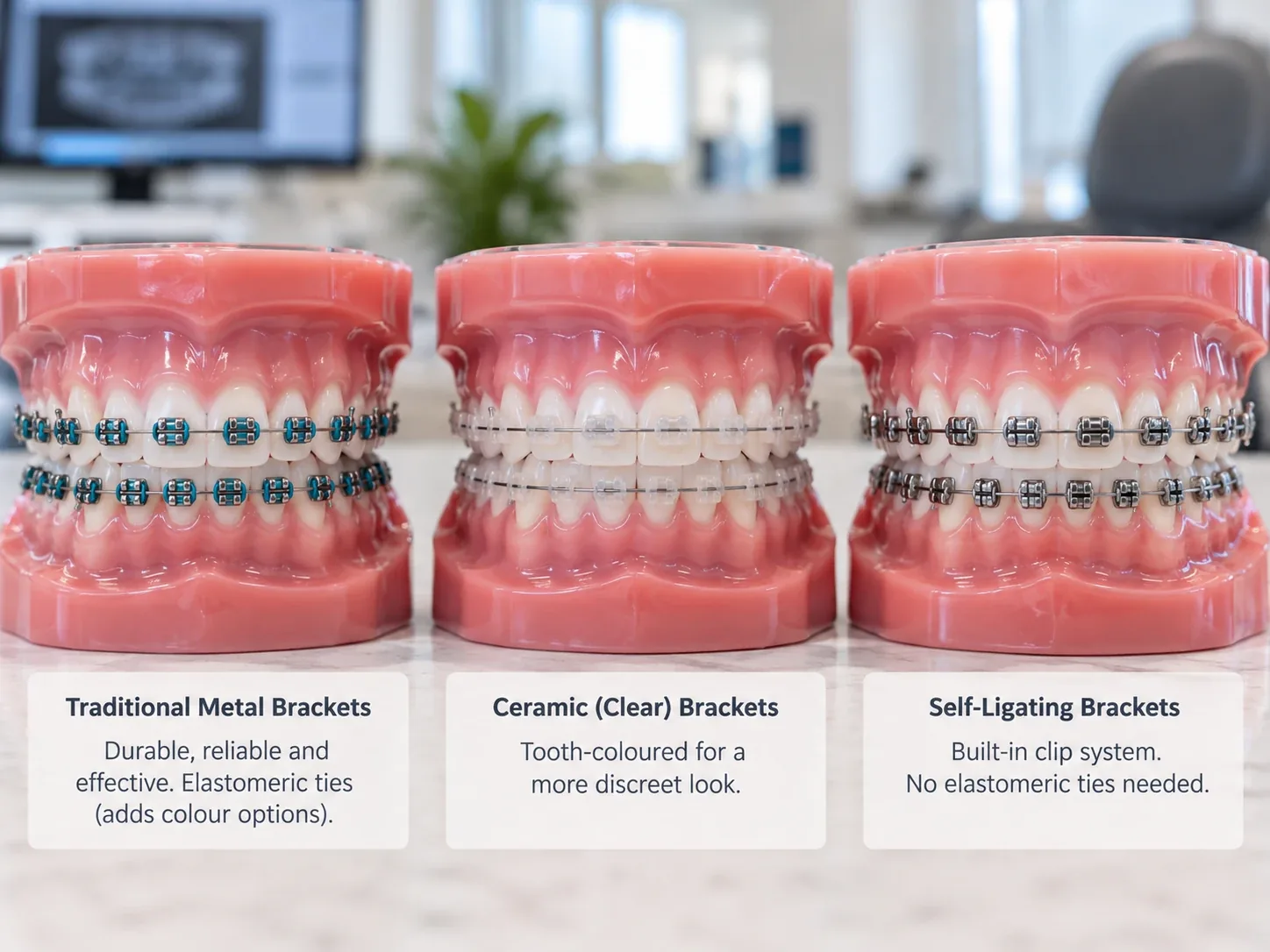 Dental models comparing traditional metal, ceramic and self-ligating braces.