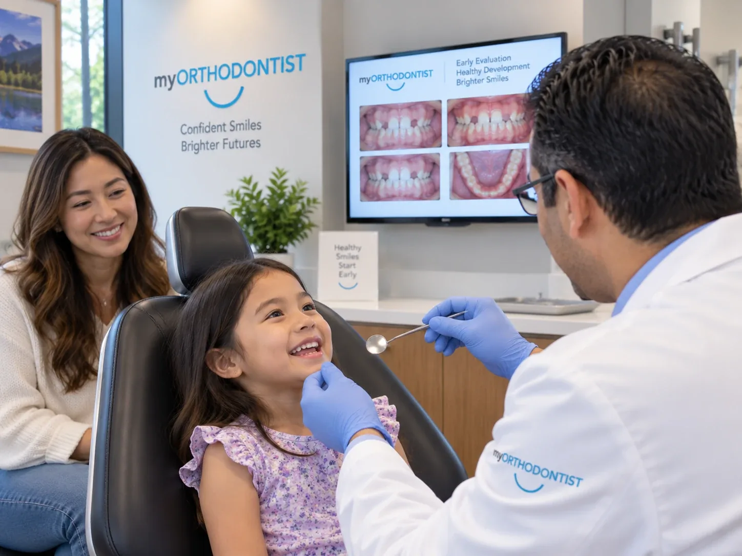 Young child having an early orthodontic evaluation while a parent looks on.