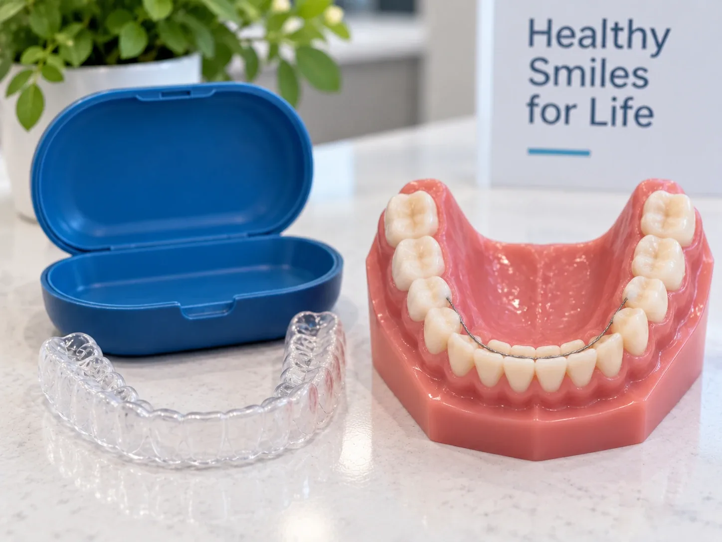 Clear removable retainer beside a dental model showing a bonded lingual retainer behind the lower front teeth.