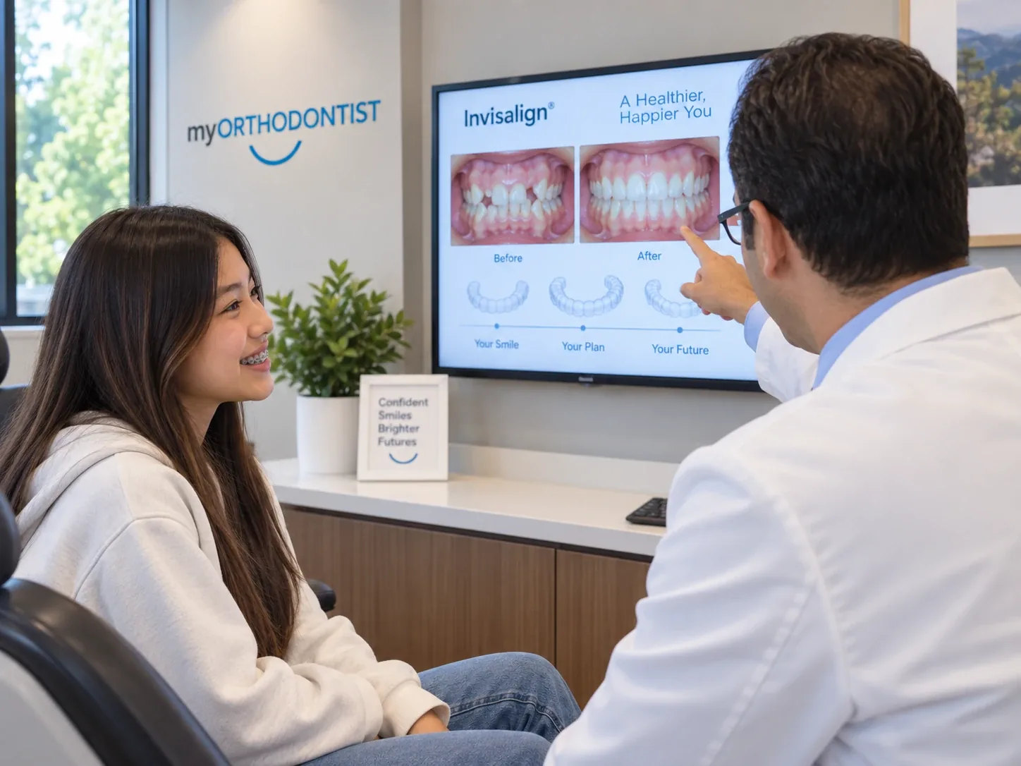 Dr. Haerian reviewing orthodontic treatment images with a patient at myORTHODONTIST Coquitlam.