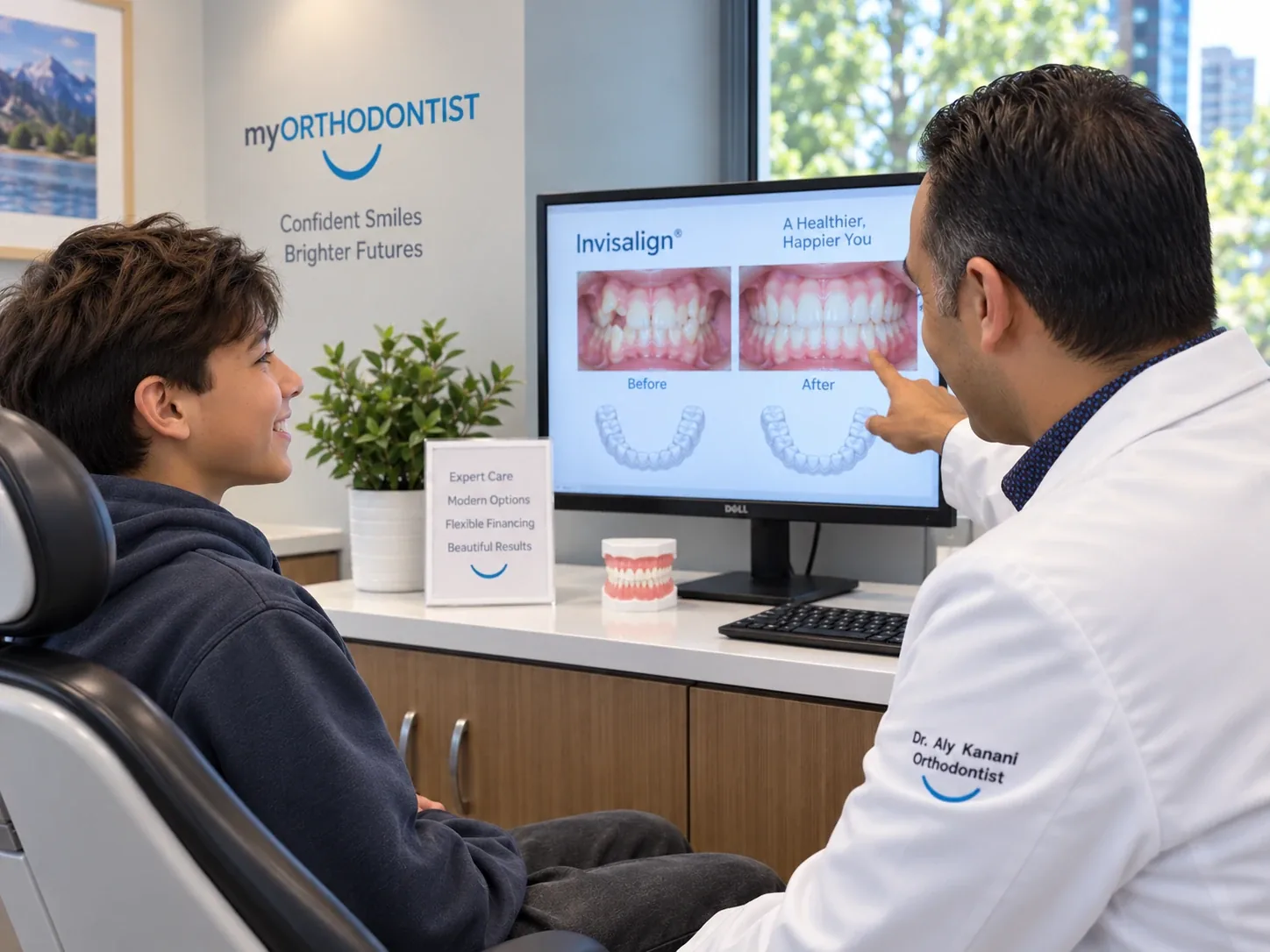 Dr. Kanani reviewing orthodontic treatment results with a patient at myORTHODONTIST Coquitlam.