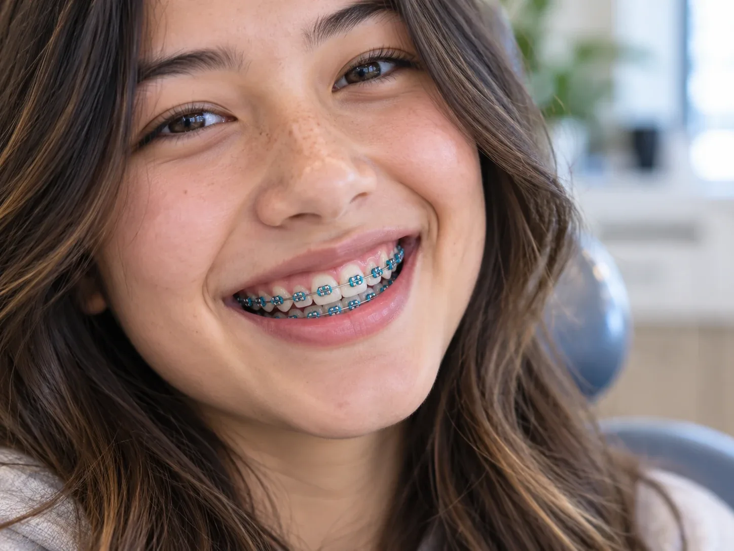 Teen smiling with metal braces and blue elastomeric ties during orthodontic treatment.