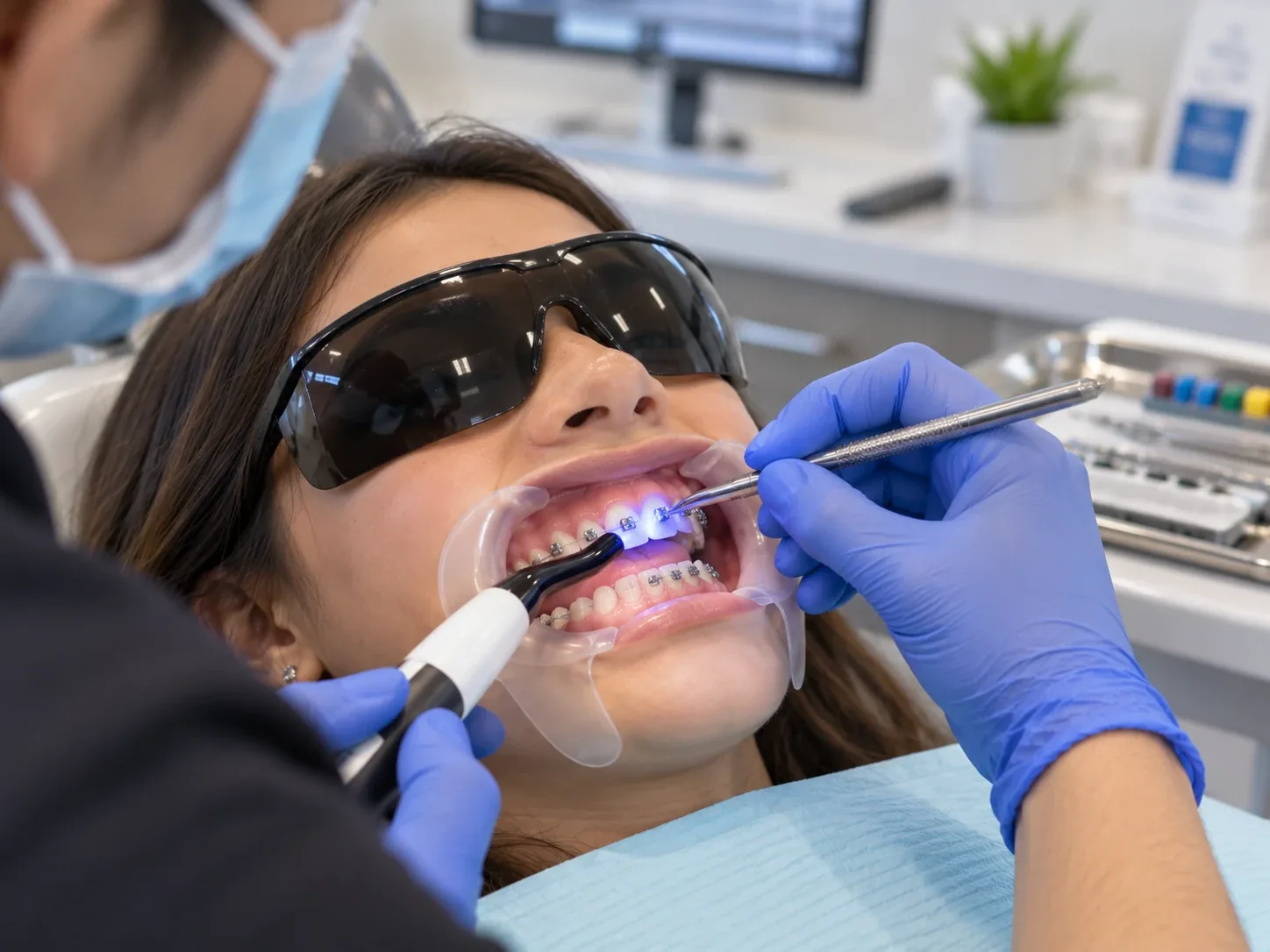 Orthodontic brackets being bonded to a patient's teeth during a braces appointment.