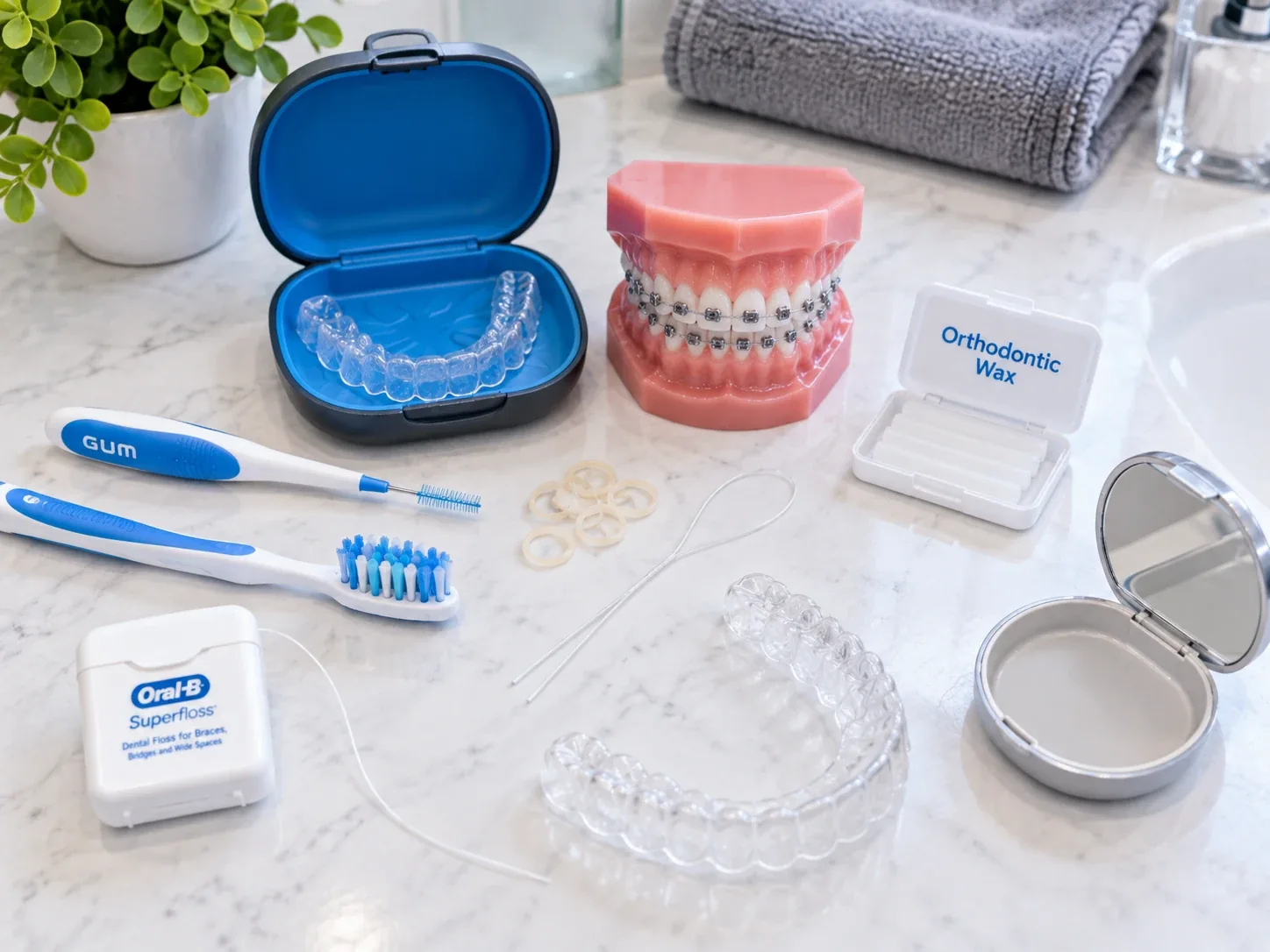 Orthodontic care supplies including wax, elastics, flossing tools, toothbrush and clear retainer.