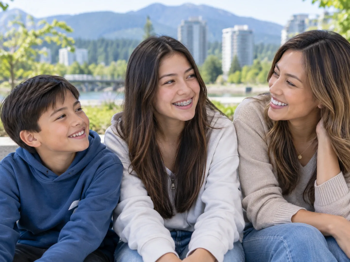Child, teenager with braces and adult smiling together outdoors in Coquitlam.