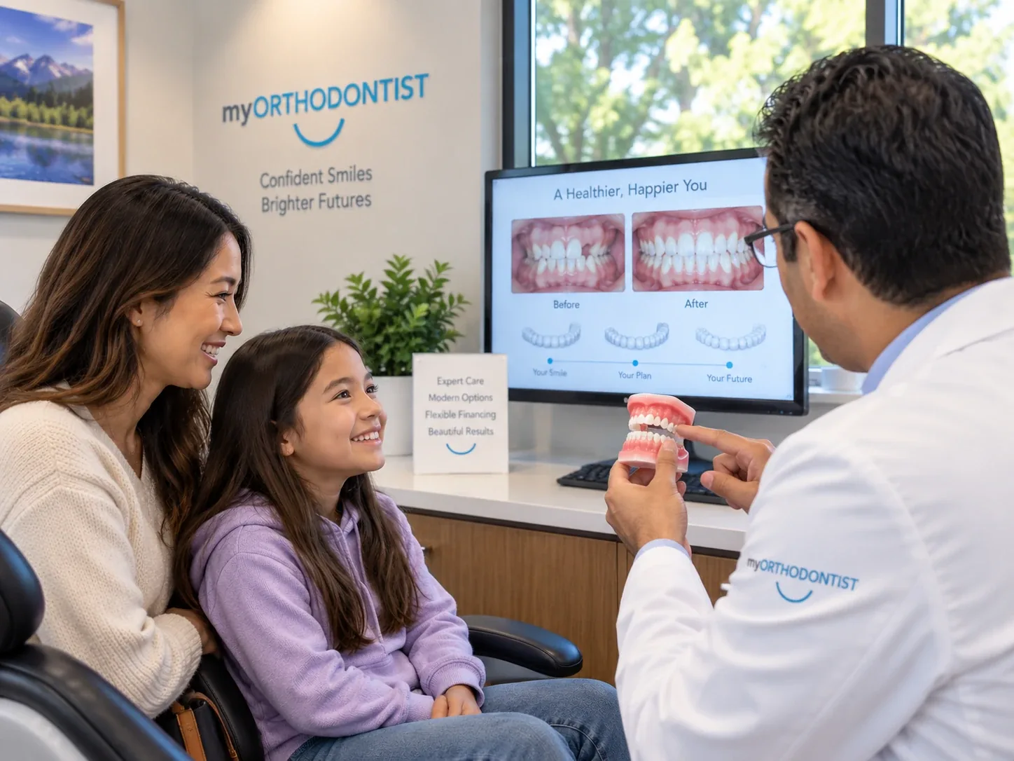 Orthodontist using a dental model to explain treatment to a parent and child.