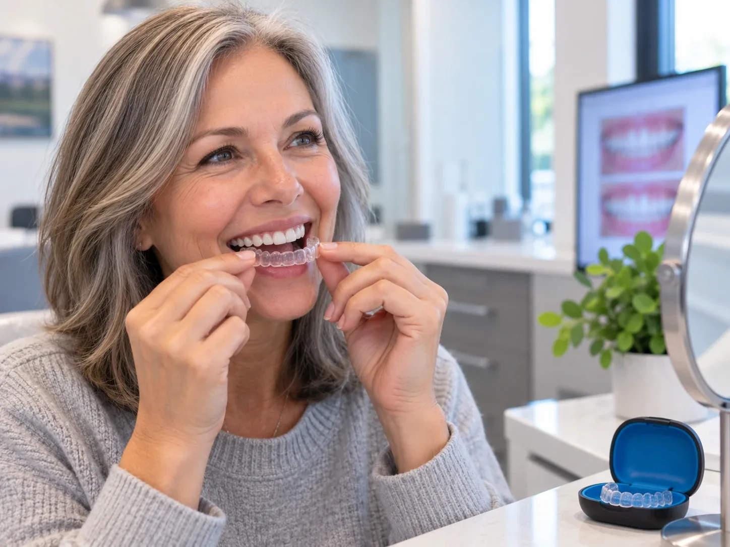 Older adult smiling while holding a clear orthodontic aligner during treatment.