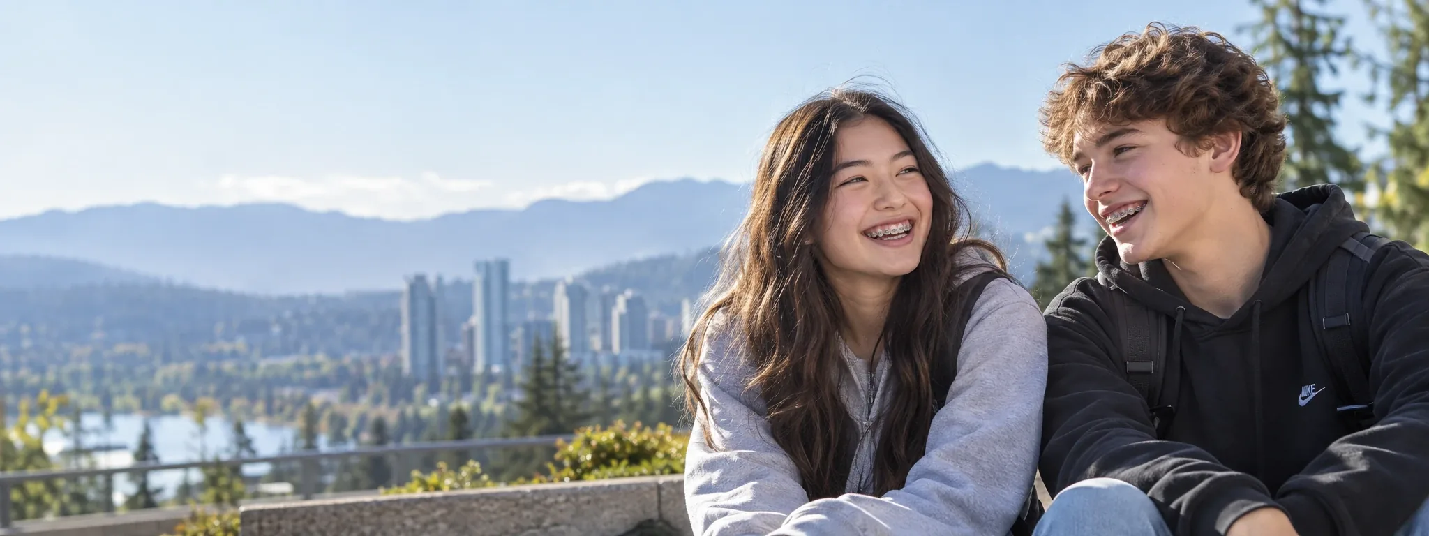 Two teenagers with braces smiling together outdoors in Coquitlam.