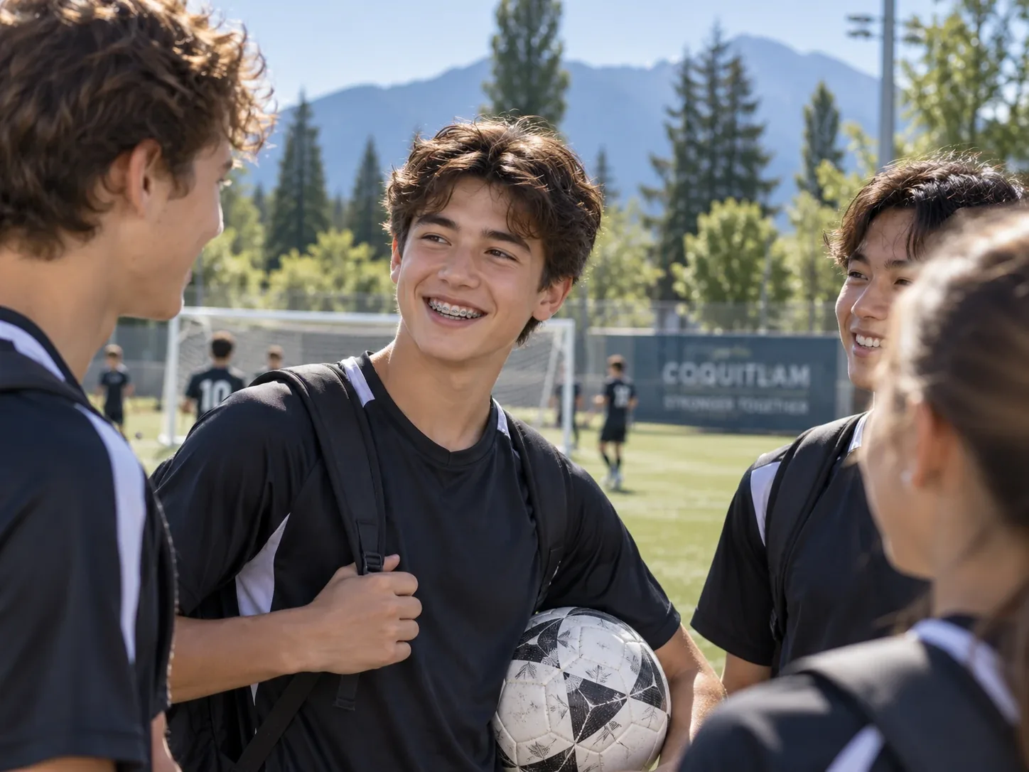 Teen soccer player with braces smiling with teammates after practice in Coquitlam.