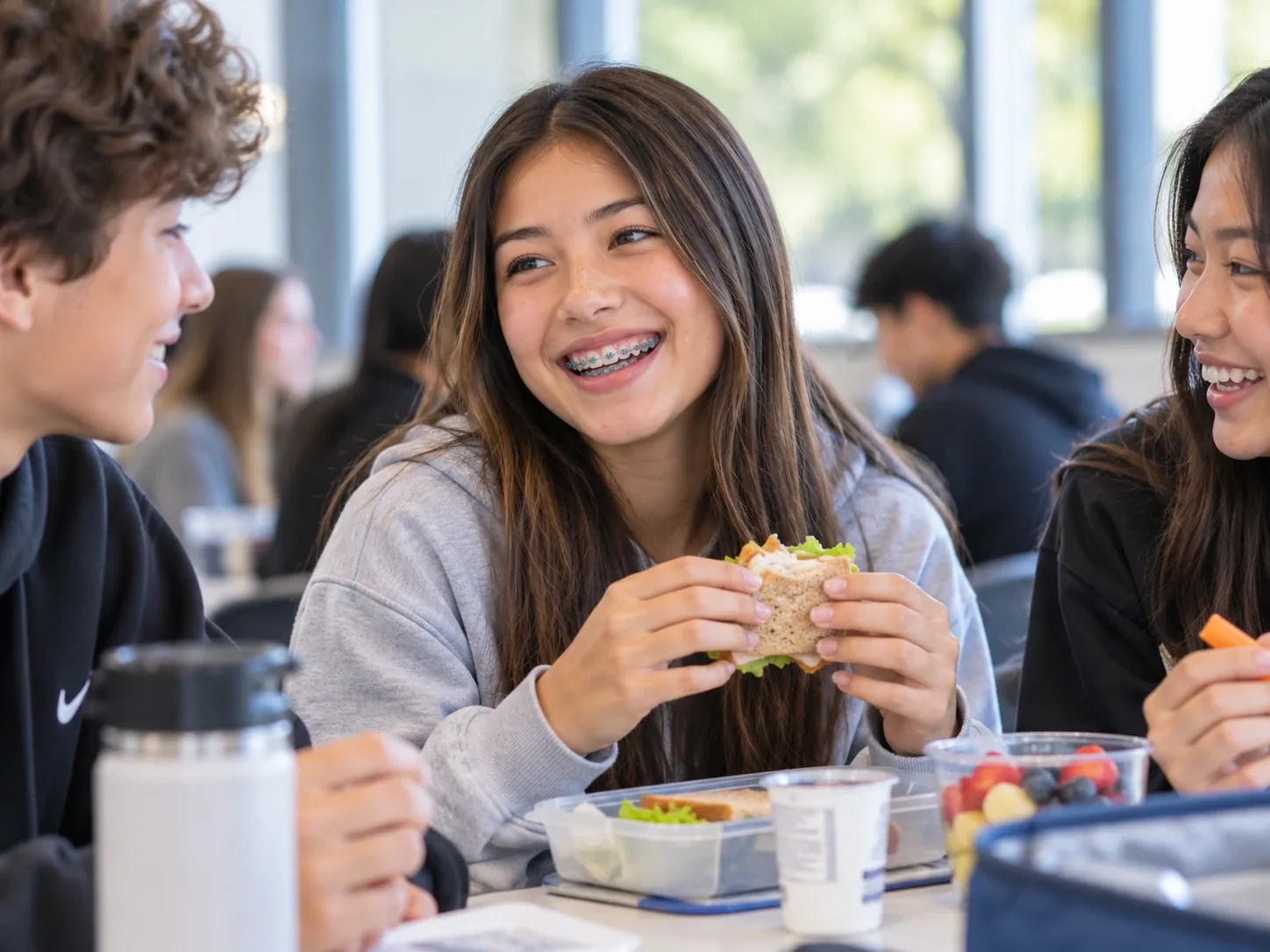 Teen with braces enjoying lunch with friends in an everyday school setting.